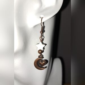 Crescent Moon and Heart with Mother of Pearl Star Copper Dangle Earrings